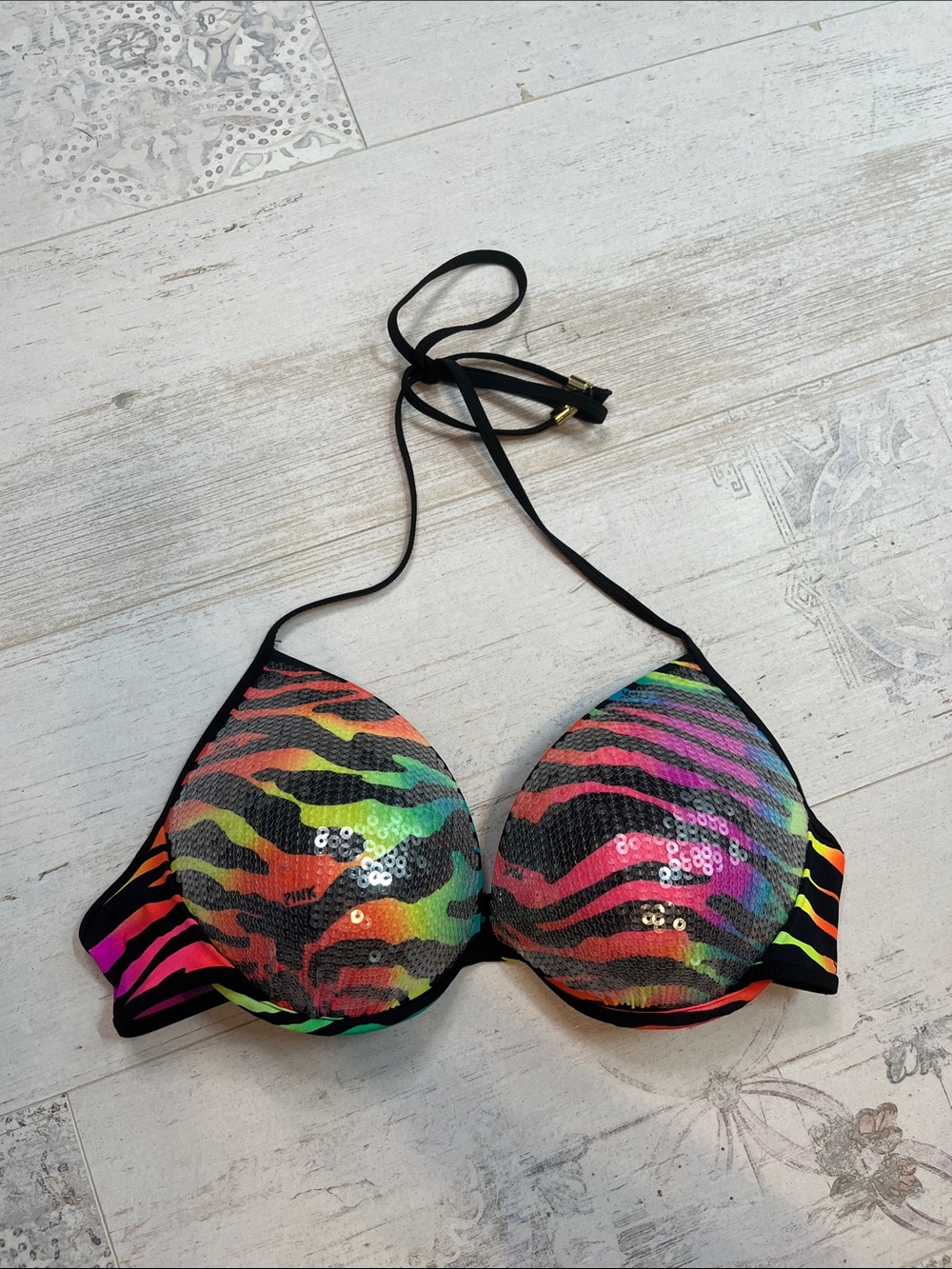 Pink Victorias Secret Rainbow Zebra Sequin Pushup Bikini Top Medium